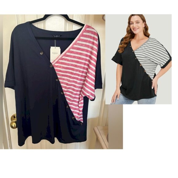 Flag Striped Red White Blue Short Dolman Sleeve Flag Day T-Shirt Size 14-16 NWT - Picture 1 of 6